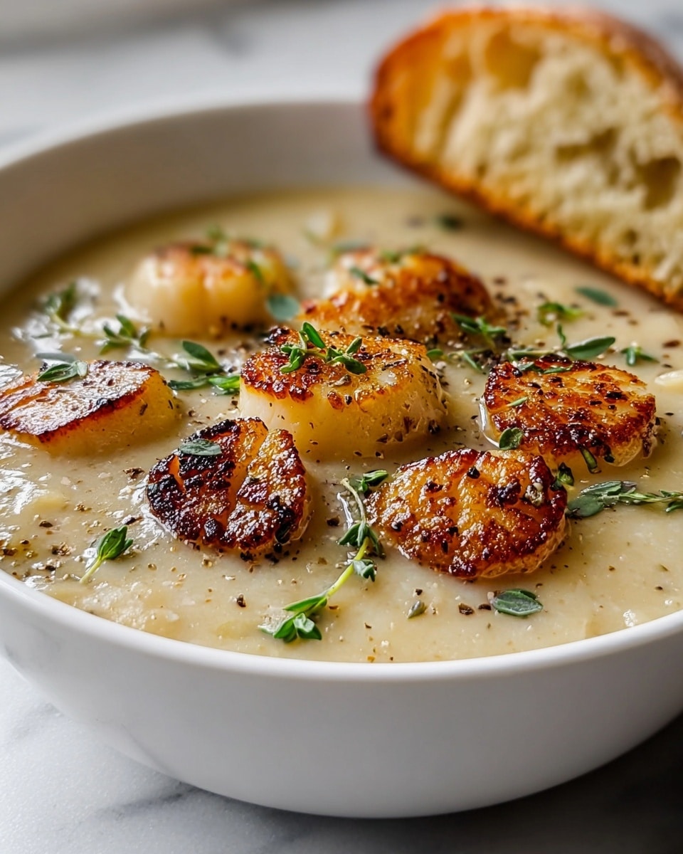 A white bowl filled with creamy soup that has a smooth, light beige base. On top, there are about nine golden-brown seared scallops that show a crispy texture with small black pepper spots. Green herb leaves, possibly thyme, are scattered over the surface, adding bright green color. In the background, a piece of crusty bread is resting on the edge of the bowl. The bowl is placed on a white marbled surface. photo taken with an iphone --ar 4:5 --v 7
