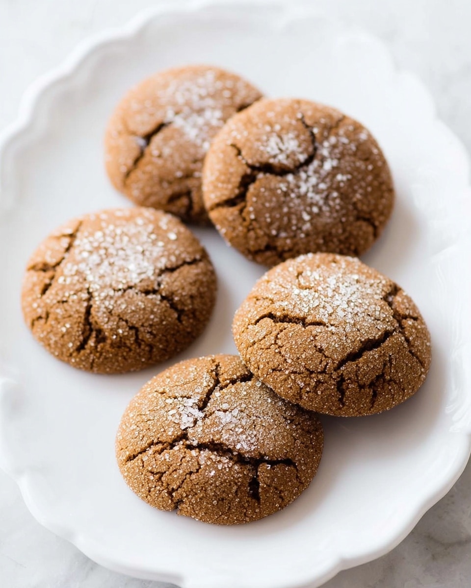 Five round brown cookies with rough textures and visible cracks are placed on a white plate. Each cookie is sprinkled with a light dusting of white sugar, creating a slightly grainy surface. The cookies are soft-looking and thick, arranged with one cookie closer to the front and four more spaced evenly behind it. The scene is set against a white marbled texture background, giving a clean and simple look. photo taken with an iphone --ar 4:5 --v 7