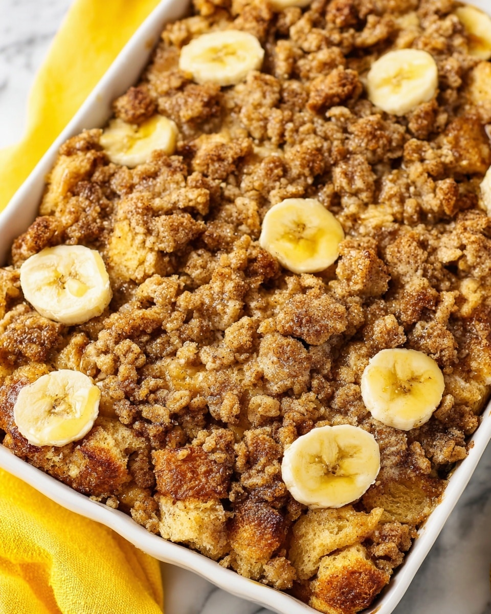 A close-up slice of a multi-layered banana dessert sits on a white plate with a textured edge, placed on a yellow cloth over a white marbled surface. The bottom layer is light yellow and soft, resembling a moist cake or bread base. Above this is a creamy, pale yellow banana custard filling mixed with small banana pieces. The top layer is golden brown with a crumbly texture and visible banana slices, richly coated with a glossy drizzle of syrup that pools slightly on the plate around the dessert. In the blurred background, a white baking dish and two bananas can be seen. The image is warm and inviting. Photo taken with an iphone --ar 4:5 --v 7