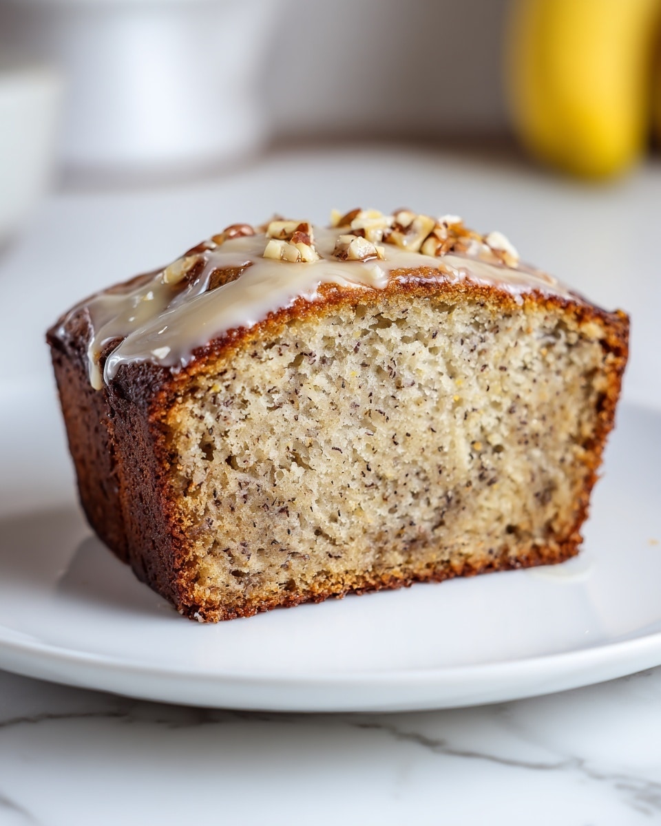 A thick slice of banana bread with a golden brown crust sits on a white plate. The bread has a moist, speckled light brown inside with small dark bits spread evenly. The top layer is darker and shiny with a thin, white glaze drizzled over it, and sprinkled with small pieces of chopped nuts. The background is a white marbled texture with a blurred yellow object in the distance. Photo taken with an iphone --ar 4:5 --v 7