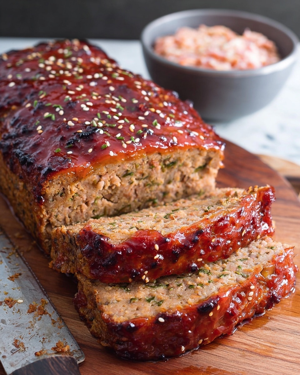The image shows a glazed meatloaf with two thick slices cut from the front, revealing a moist, dense inside with specks of herbs throughout. The top layer is shiny and sticky, covered in a deep red glaze with sesame seeds sprinkled on top. The meatloaf sits on a wooden board, alongside a gray bowl filled with a pinkish side dish. A knife with some glaze on the blade rests next to the meatloaf. The background is a white marbled texture. photo taken with an iphone --ar 4:5 --v 7
