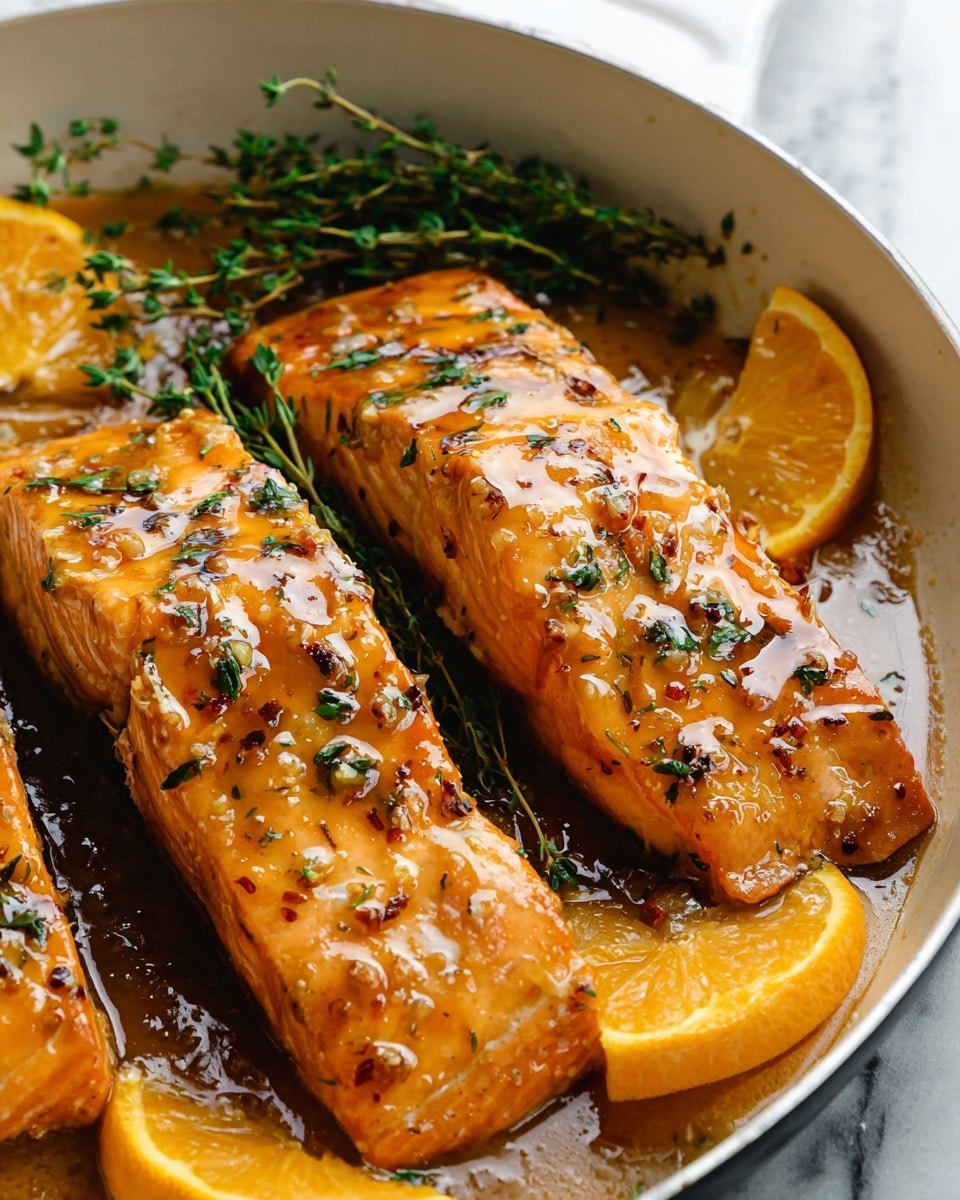The image shows a close-up of three cooked salmon fillets in a shiny white pan. Each fillet is thick with a light pink color on the sides and has a glossy, golden-brown glaze on top that has small bits of herbs and spices sprinkled over. The glaze looks smooth and shiny, covering the whole top surface of the salmon. Fresh green thyme sprigs are placed on and around the salmon, adding a touch of color. There are also three bright orange lemon wedges placed around the salmon. The background is a white marbled surface. photo taken with an iphone --ar 4:5 --v 7