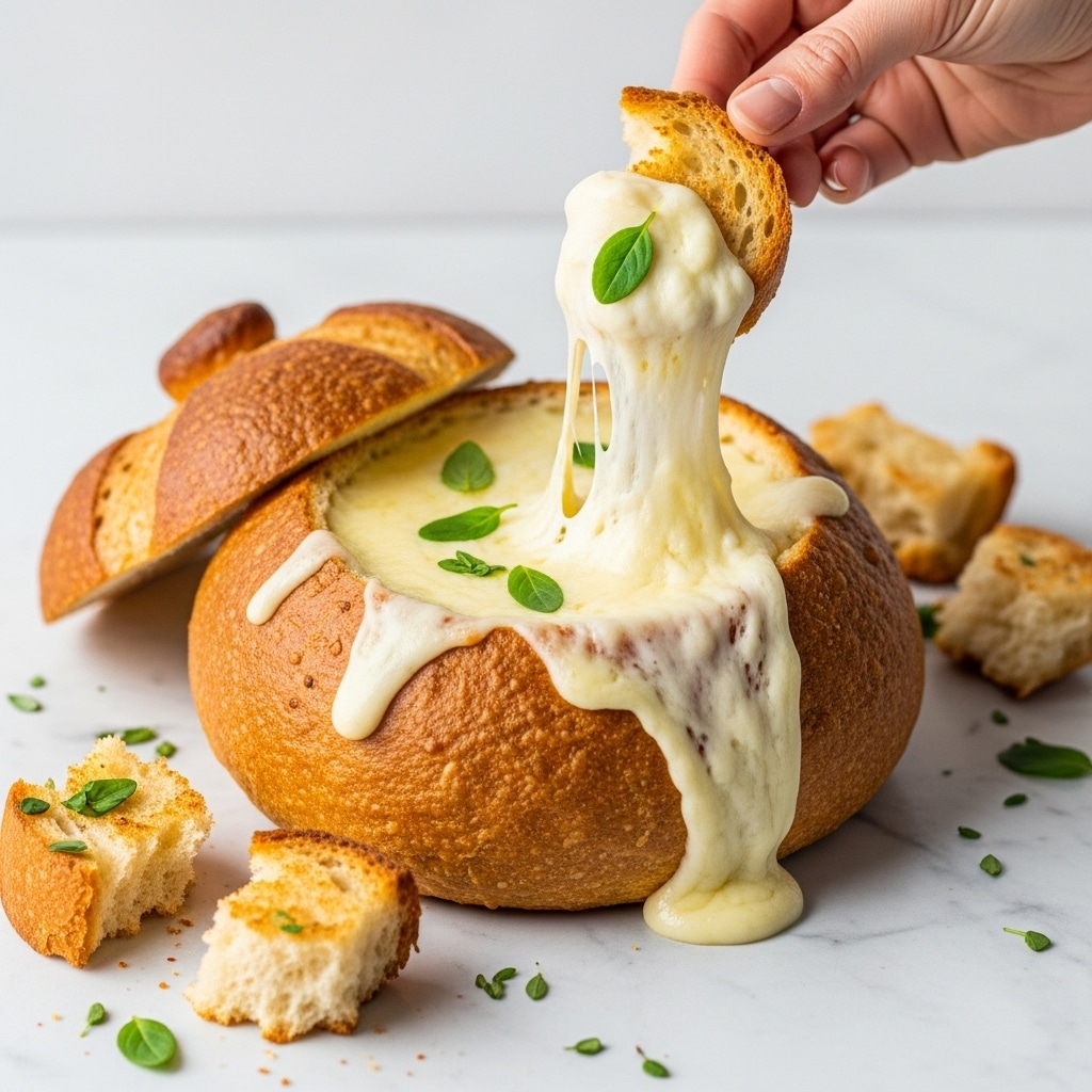 A round golden-brown bread bowl with a thick crust filled with a creamy, melted white cheese dip, topped with small green herb leaves. A woman's hand is lifting a toasted bread slice from the bowl, pulling up gooey, stretchy melted cheese that drips down. Around the bread bowl are torn pieces of toasted bread with some green herbs scattered on a white marbled surface. The textures include the crusty bread exterior, smooth and creamy cheese, and rough toasted bread pieces. Photo taken with an iphone --ar 4:5 --v 7