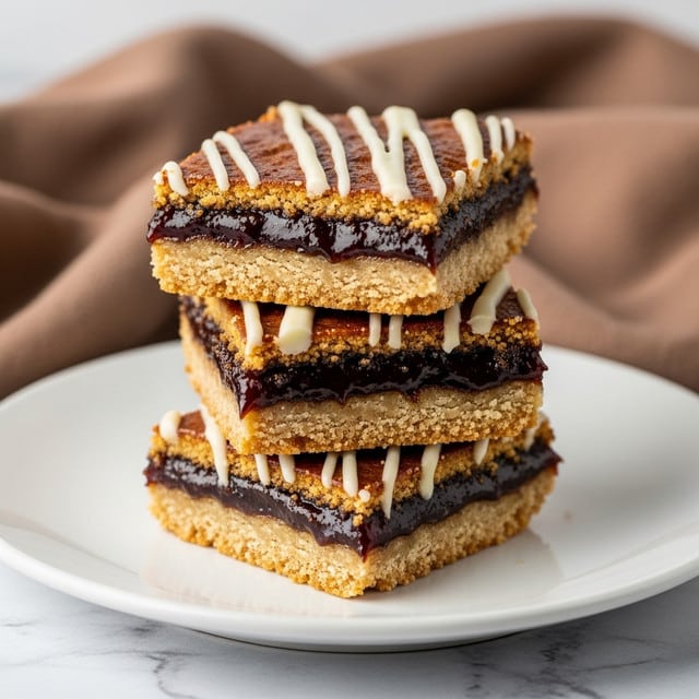A stack of three square dessert bars sits on a white plate, each bar has three layers: a bottom layer of golden-brown crumbly crust, a thick middle layer of dark, sticky, and shiny filling, and a top layer of creamy white icing drizzled in uneven stripes, adding texture and contrast. The edges of the bars look crunchy, and the filling appears moist and rich. The background includes soft brown fabric folds with a white marbled texture surface underneath the plate. photo taken with an iphone --ar 4:5 --v 7