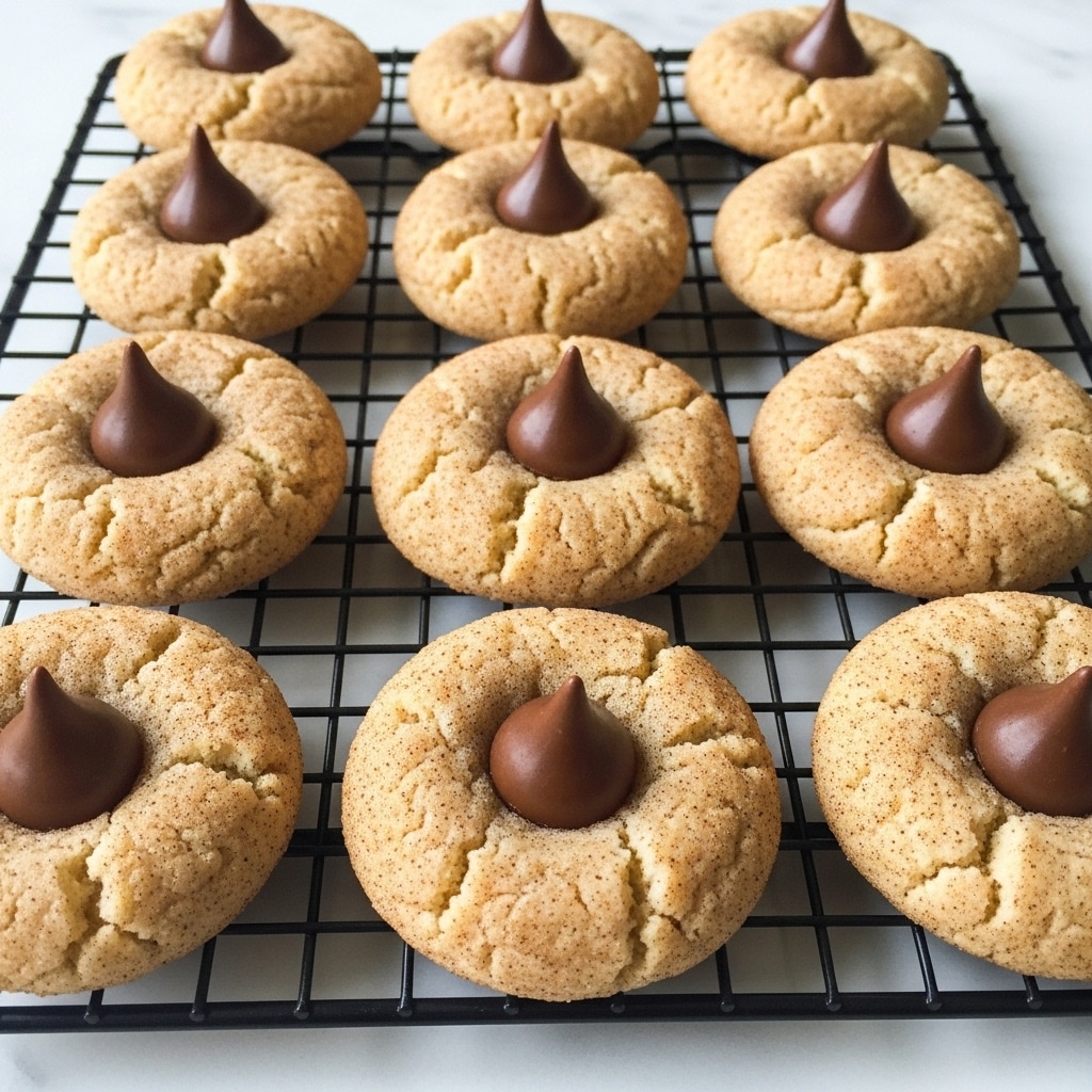 The image shows nine round cookies arranged in three rows on a black cooling rack, placed on a white marbled surface. Each cookie has a soft, golden-brown textured base with a visible sprinkle of cinnamon sugar on the surface. At the center of each cookie, there is a single dark brown, smooth, and shiny chocolate kiss, slightly raised with a pointed tip. The cookies look soft and cake-like, with some slight cracks on the edges, giving a fresh-baked appearance. Photo taken with an iphone --ar 4:5 --v 7