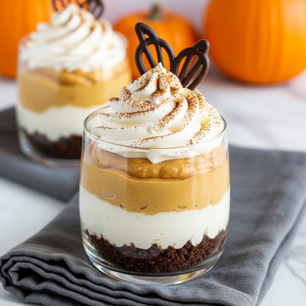 A clear glass cup shows a dessert with three visible layers: the bottom layer is dark brown and crumbly, resembling a crushed cookie base; the middle layer is white and smooth, looking creamy; the top layer is thick and light brown, similar to pumpkin or caramel mousse. On top, there is a large swirl of white whipped cream lightly dusted with brown powder, possibly cinnamon or cocoa. Two dark brown chocolate curls sit on the peak of the whipped cream. The cup is placed on a folded gray cloth over a white marbled surface, with blurred orange pumpkins in the background. photo taken with an iphone --ar 4:5 --v 7