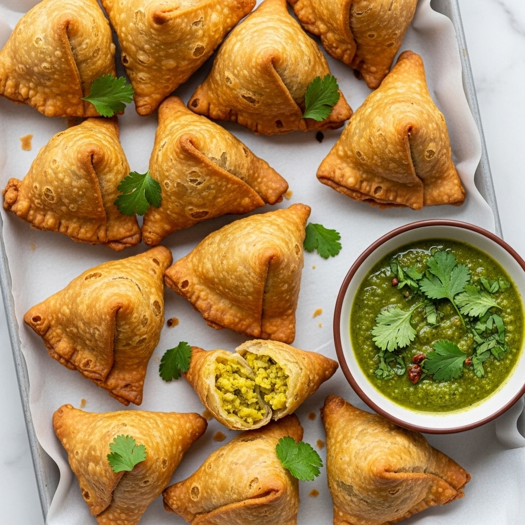 A tray holds 11 golden brown samosas with crisp, bubbly, fried shells showing layers of thin, flaky dough. Some samosas have small green coriander leaves on top, adding a fresh touch. One samosa is slightly open, revealing a soft, pale yellow filling inside. To the side, a small round brown bowl with a white rim contains a green chutney sauce with visible bits of herbs and spices, garnished with chopped green coriander leaves. The tray is lined with white parchment paper and sits on a white marbled texture. photo taken with an iphone --ar 4:5 --v 7
