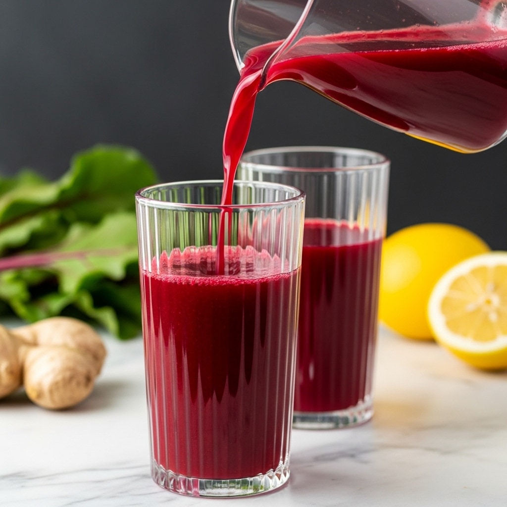 A tall clear glass with vertical ridges is nearly full of deep red juice being poured from a glass pitcher positioned above it. Behind this glass, there is another similar glass filled with the same red juice. The background shows blurred green leaves and a yellow lemon on a white marbled surface. A piece of light brown ginger root is visible in the lower left corner. The scene is bright and clean. photo taken with an iphone --ar 4:5 --v 7