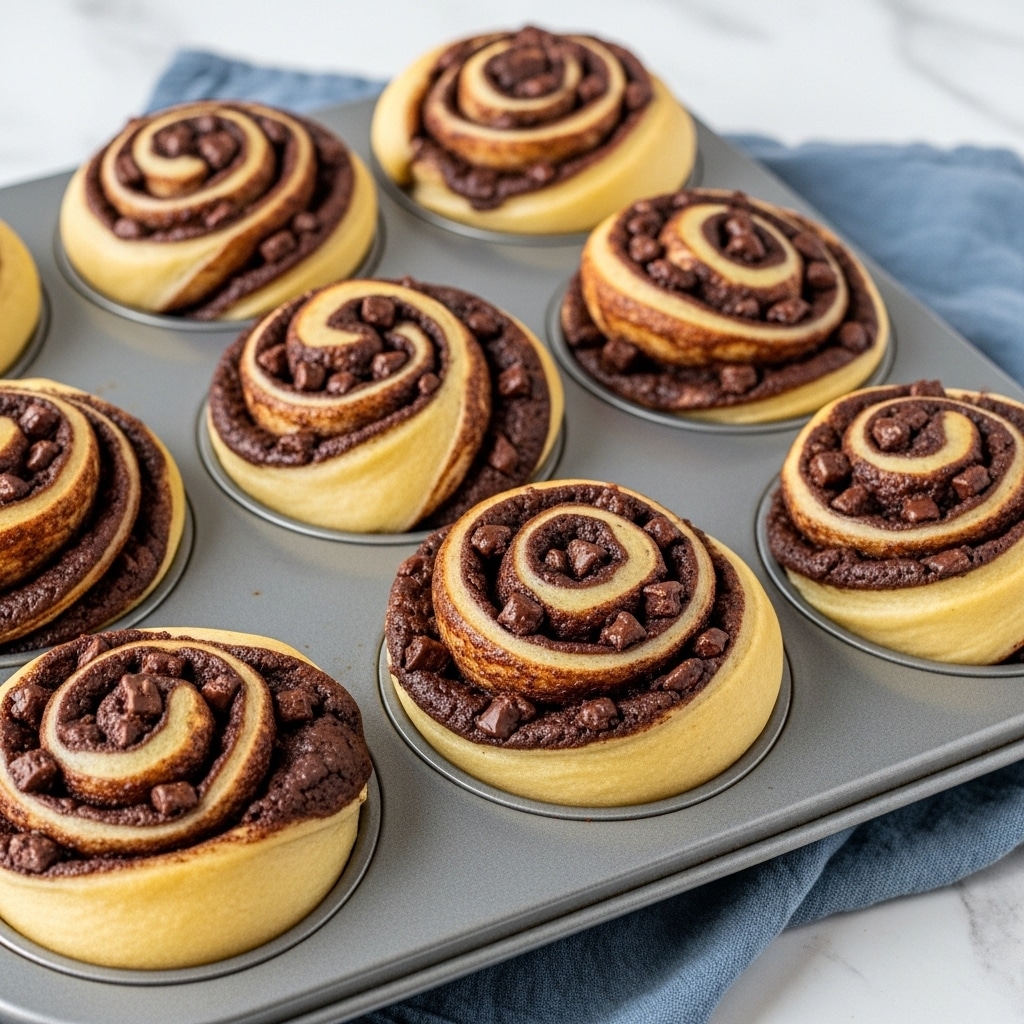 The image shows a close-up of six freshly baked chocolate swirl buns, each individually placed in a grey metal muffin tray. Each bun has a spiral pattern with two visible layers: a light golden-brown fluffy dough layer wrapped around a rich dark chocolate filling studded with small chocolate chunks. The chocolate filling is thick and slightly crumbly, contrasting against the smooth dough. The muffin tray rests on a surface with a white marbled texture, and a blue cloth is partially visible underneath the tray. Photo taken with an iphone --ar 4:5 --v 7
