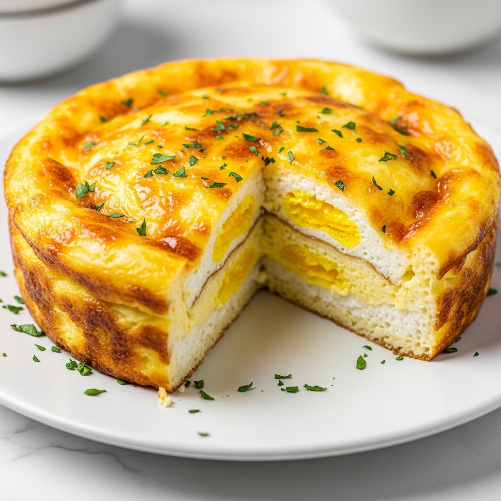 The dish is a round, thick, fluffy baked egg casserole on a white plate. The top layer is golden brown with some darker burnt spots, and small green herb pieces sprinkled over it. The casserole is cut to show a creamy, soft yellow inside mixed with white, fluffy layers, suggesting cheese or egg whites. The surface under the plate has a white marbled texture. In the background, two blurred bowls are seen, one with a green garnish and another with light brown food. Photo taken with an iphone --ar 4:5 --v 7