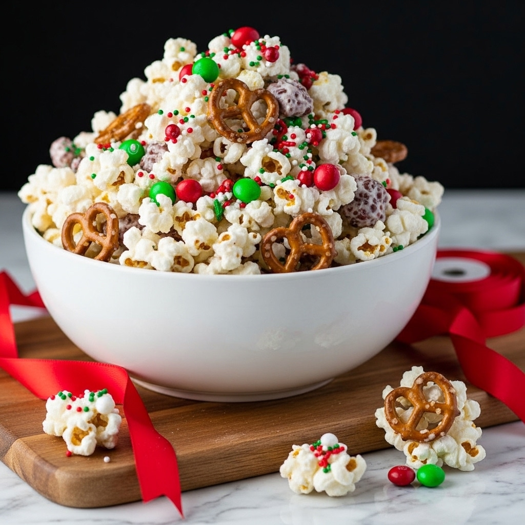 A large white bowl is filled with white popcorn coated in a creamy white layer, mixed with small brown pretzels, red and green candy-coated chocolates, and tiny red, green, and white round sprinkles scattered all over. The popcorn mixture looks piled high and spilling slightly onto a wooden surface, where a few pieces rest close to the bowl. A red ribbon is loosely curled next to the bowl, and the background is dark, making the colors of the popcorn mix stand out clearly. The surface below has a white marbled texture. photo taken with an iphone --ar 4:5 --v 7