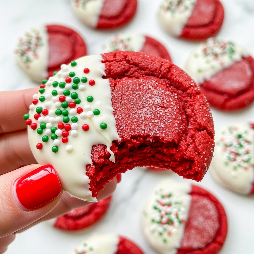 A close-up shows a bright red cookie with a soft texture, partially dipped on one side in smooth, white chocolate. The dipped part has small round sprinkles in red, green, and white colors decorating the edge. The remaining cookie surface is covered with a light layer of sugar. A woman's hand with bright red nail polish holds the cookie gently. In the blurry background, several similar red cookies dipped in white chocolate rest on a white marbled surface. photo taken with an iphone --ar 4:5 --v 7