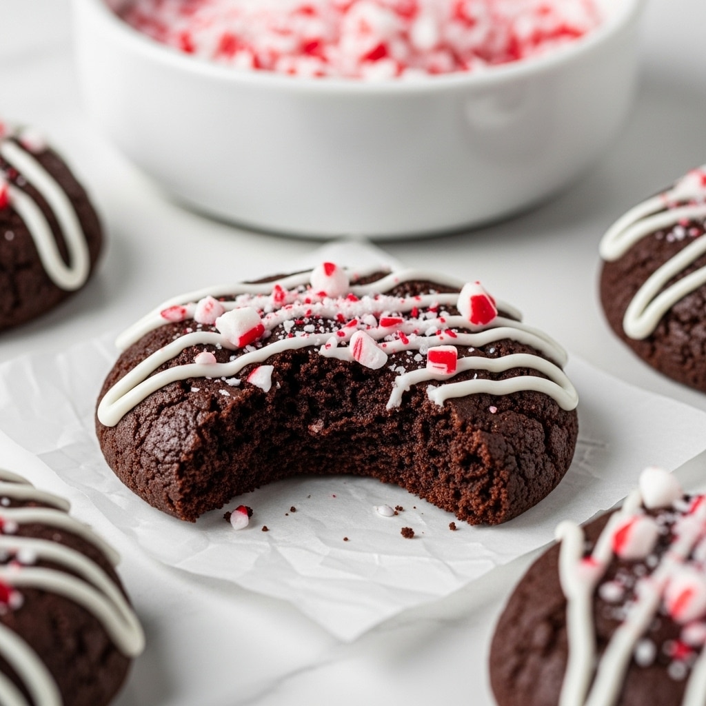 The image shows dark brown chocolate cookies with a rough texture, each topped with thin white icing drizzles in a random pattern and decorated with small crushed red and white peppermint candy pieces scattered unevenly on top. The cookies are placed on white parchment paper, which rests on a white marbled surface, with a partly visible white bowl filled with crushed peppermint candy in the upper right corner. The overall look is festive and clear, highlighting the contrast between the dark cookies, white icing, and red candy bits. photo taken with an iphone --ar 4:5 --v 7