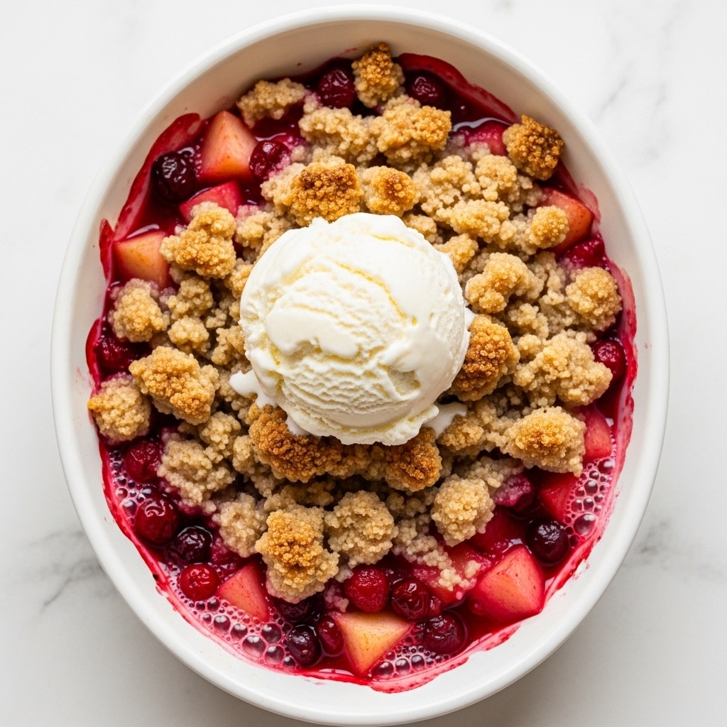 A white oval dish holds a warm fruit crumble with three layers: the bottom layer is juicy red and pink cooked berries and apple chunks, the middle layer is a golden brown crumbly topping with a rough texture, and on top is a smooth, creamy white scoop of melting vanilla ice cream sitting in the center. The crumble topping has small clumps with a slightly crispy look, and some fruit juices bubble at the edges. The dish is photographed on a white marbled surface. photo taken with an iphone --ar 4:5 --v 7
