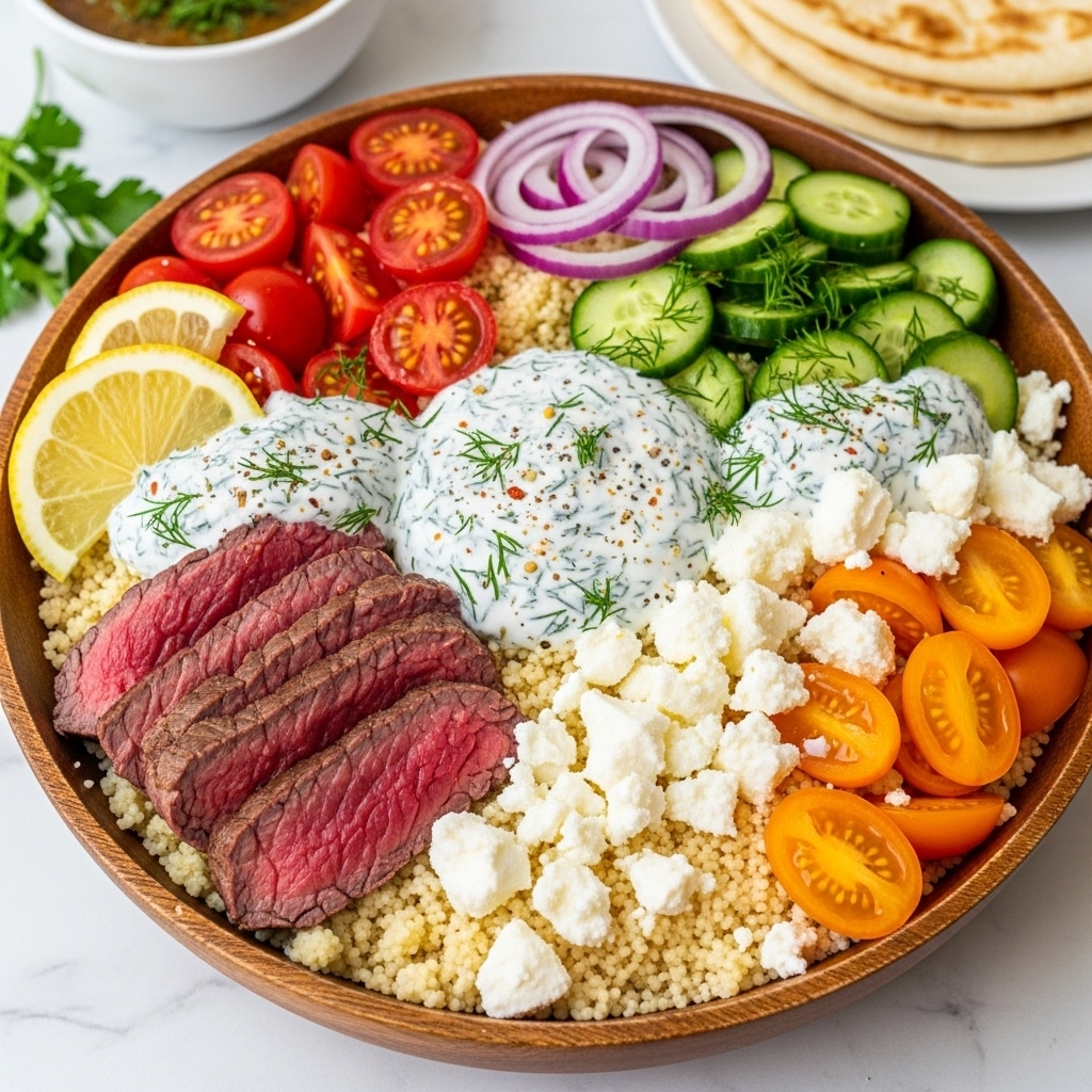 A wooden bowl filled with multiple colorful layers of food is shown on a white marbled surface. The bottom layer consists of light beige couscous that covers the entire bowl. On top of that, there are crumbled white cheese pieces spread across the right side and some stacked sliced medium-rare beef slices with pink centers on the left side. Bright red cherry tomatoes and orange-yellow tomato pieces are arranged along the upper left and bottom right edges. Sliced green cucumbers with dill are on the upper right side, accompanied by few red onion rings near the top middle. A creamy white sauce with green dill is dolloped centrally over the couscous and beef, topped with small spices. There are lemon wedges placed beside the beef and tomatoes. In the background, a white bowl with a sauce and fresh green herbs can be seen, along with a stack of flatbread. Photo taken with an iphone --ar 4:5 --v 7