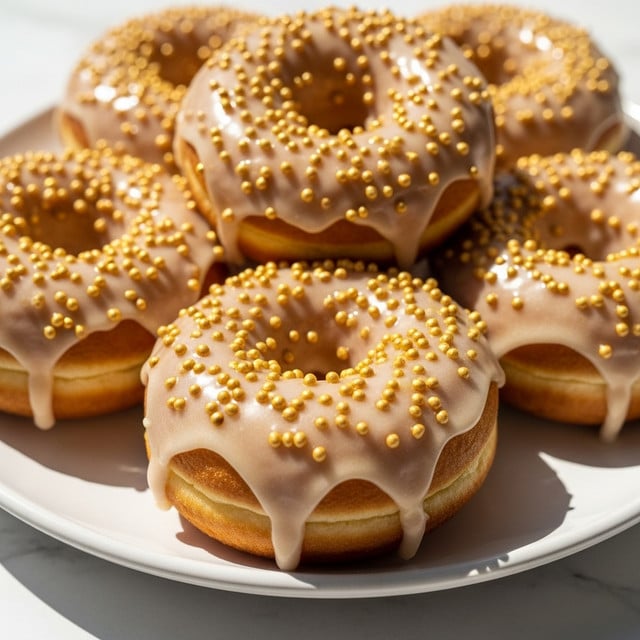 A close-up view of five golden brown donuts arranged on a white plate, each donut topped with a thick layer of light beige glaze that drips slightly down the sides. On top of the glaze, there are small shiny golden sprinkles scattered all over, adding a textured shimmer effect. The plate is set against a white marbled surface that gives a clean and simple look. Sunlight brightens the glaze, making it appear glossy and fresh. photo taken with an iphone --ar 4:5 --v 7