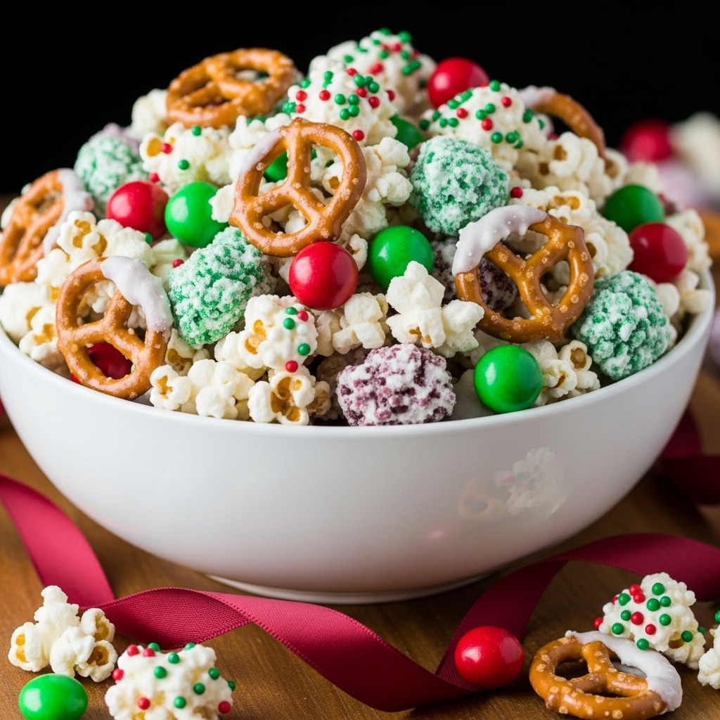 A large white bowl filled with a mix of white popcorn covered in white coating, scattered with small red and green round sprinkles. Among the popcorn are shiny red and green candy-coated chocolates and light brown pretzels with a glossy texture, some coated partially in white. The bowl sits on a wooden surface with a maroon ribbon curled beside it. There are a few pieces of the mix spilled near the bowl, showing the same colorful and crunchy ingredients. The background is dark, making the bright colors of the snack stand out. photo taken with an iphone --ar 4:5 --v 7