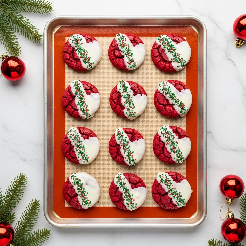 A baking tray with a red silicone baking mat holds twelve red cookies dipped halfway in white chocolate. Each cookie's red half has a cracked texture, while the white chocolate half is smooth and shiny, decorated with small green, red, and white round sprinkles along the dividing line. The tray is placed on a white marbled surface, adorned with some green pine branches and red Christmas ornaments around the edges. Photo taken with an iphone --ar 4:5 --v 7