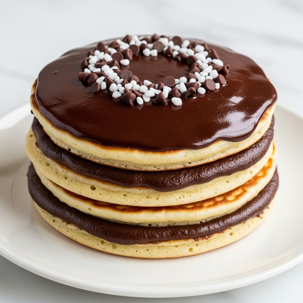 A stack of three thick, soft pancakes each separated by a smooth, glossy dark chocolate layer. The top pancake is coated with a shiny chocolate glaze, with a circle of chocolate chips sprinkled with white sugar crystals in the center. The pancakes have a light golden color with slightly darker edges. They rest on a white plate set on a white marbled surface. photo taken with an iphone --ar 4:5 --v 7