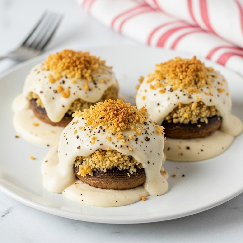 The image shows three round pieces of chicken covered in a thick white sauce on a white plate, each piece topped with a crunchy golden-brown breadcrumb layer with some dark specks of seasoning. The sauce looks creamy and smooth, spreading slightly under the chicken. The texture of the chicken underneath is tender and juicy, with visible baked crust on the top. In the background, there is a fork to the left and a part of a red and white striped cloth to the right, all placed on a white marbled surface. photo taken with an iphone --ar 4:5 --v 7