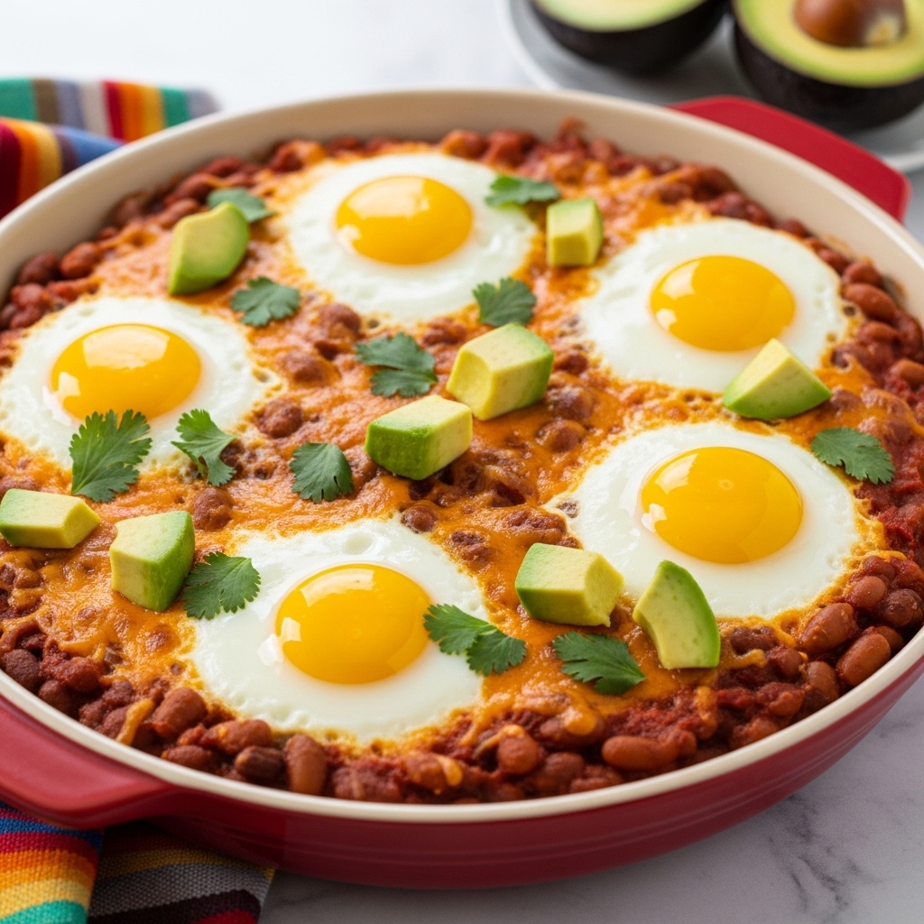 A close-up view of a round red casserole dish filled with a layered baked breakfast. The bottom layer shows a tomato-based sauce with soft brown beans scattered all over. Above that is a melted layer of golden yellow cheese that mixes with the sauce edges. On top, six perfectly cooked sunny-side-up eggs display bright yellow yolks and smooth white edges, spaced evenly across the dish. Pieces of fresh green avocado cubes are scattered over the eggs, along with chopped bright green cilantro sprinkled all over. The dish rests on a white marbled surface with colorful folded cloth underneath partly visible in the corner. In the background, halved avocados sit on a white plate. Photo taken with an iphone --ar 4:5 --v 7