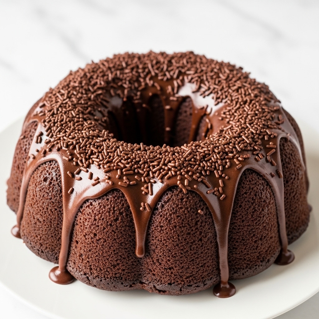 A rich chocolate bundt cake sits on a white plate against a white marbled background. The cake has a deep brown color and is covered with a smooth, shiny chocolate glaze that drips down the sides in thick, uneven streams. The top layer is decorated with dense, dark chocolate sprinkles that cover the entire flat surface. The texture of the cake itself looks moist and slightly glossy under the glaze, and the bundt shape features distinctive ridges and a central hole. photo taken with an iphone --ar 4:5 --v 7