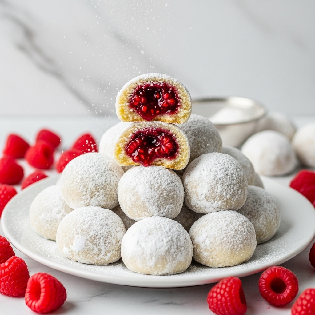 A white plate holds a pile of small round cookies dusted heavily with powdered sugar, giving them a light, snowy appearance. On top of the pile, one cookie is broken in half, showing a deep red raspberry filling inside, with juicy texture and small berry pieces visible. Powdered sugar is falling gently from above, creating a soft blur of white specks around the cookies. Scattered fresh raspberries surround the plate, adding bright red color contrast. The background features a white marbled texture, enhancing the clean and fresh look of the scene. photo taken with an iphone --ar 4:5 --v 7