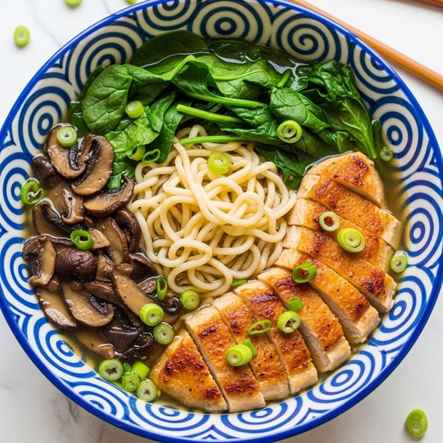 A patterned white bowl is filled with clear broth holding several layers: starting with light brown cooked ramen noodles in the center, surrounded by bright green spinach leaves and slices of dark brown mushrooms around the edges. On top, there are several pieces of golden-brown grilled chicken, sliced and arranged across the noodles and vegetables. A woman's hand holding chopsticks is picking up one slice of chicken from the bowl, showing steam rising gently from the hot soup, all set against a white marbled surface. photo taken with an iphone --ar 4:5 --v 7
