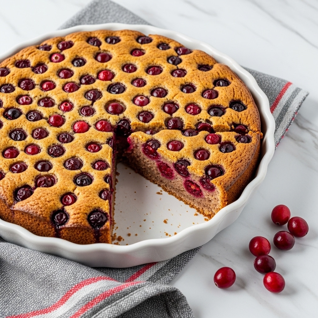 The image shows a round baked cranberry cake in a white scalloped pie dish placed on a white marbled surface. The cake has a golden-brown top crust with a slightly rough texture, dotted with whole cranberries that burst with dark red and purple colors, some partially sunken into the cake. One slice is cut out, revealing a moist, dense inside with a deep red layer of cooked cranberries near the bottom. A few loose cranberries are scattered beside the dish, and a fabric with a gray and red pattern lies partially under the dish. photo taken with an iphone --ar 4:5 --v 7