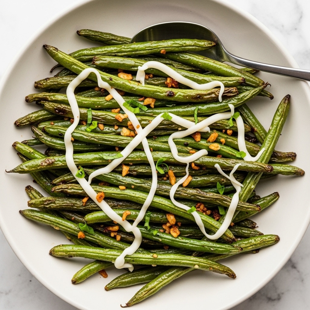 A white bowl filled with a single layer of roasted green beans, each bean showing a slightly wrinkled and charred texture with specks of browned garlic bits scattered on top. Thin, melted white cheese strands are draped unevenly over the green beans, giving a creamy contrast, while small green herb pieces are sprinkled for a fresh touch. A metal spoon rests partially inside the bowl at the top right corner. The bowl sits on a surface with a white marbled texture. photo taken with an iphone --ar 4:5 --v 7