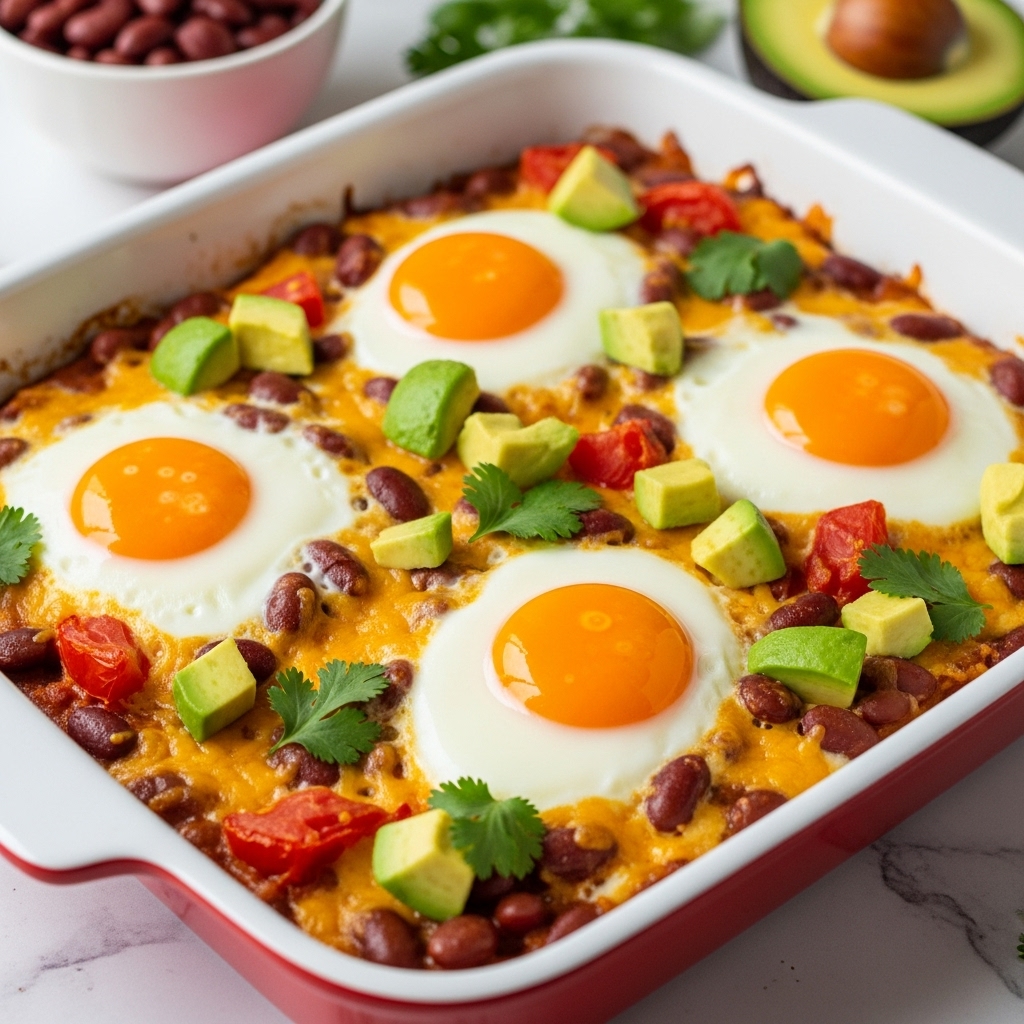 The image shows a white baking dish with a red rim filled with a colorful baked breakfast. The bottom layer consists of melted yellow cheese mixed with reddish beans and some tomato chunks, providing a textured base. On top, there are four sunny side up eggs with bright orange yolks and white, slightly crispy edges, evenly spaced across the dish. Scattered on and around the eggs are chunks of fresh, light green avocado and small leaves of bright green cilantro. The dish sits on a white marbled surface, and there is a bowl of reddish beans and half an avocado blurred in the background. Photo taken with an iphone --ar 4:5 --v 7