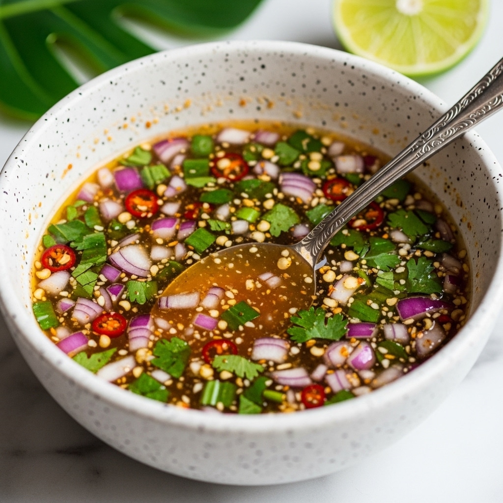 A close-up image of a white speckled bowl filled with a colorful sauce that has finely chopped green herbs, red onion pieces, yellow seeds, and small red chili flakes mixed in an oily, slightly watery base. A silver spoon with detailed engraving is inside the bowl, slightly dipped into the sauce, being held by a woman's hand at the top right. The bowl sits on a white marbled surface with blurred green herb leaves and a sliced lime in the background. photo taken with an iphone --ar 4:5 --v 7
