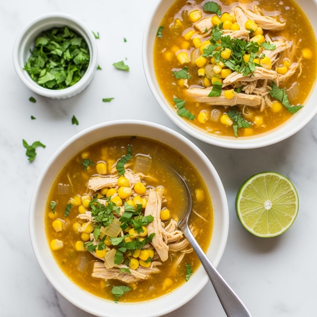 Two white bowls filled with a chunky yellowish-brown soup, containing visible layers of light beige shredded chicken pieces, bright yellow corn kernels, and small bits of translucent onion, all topped with scattered bright green chopped herbs. A metal spoon rests inside the bottom bowl. Around the bowls, a lime wedge and a small white bowl filled with green herbs sit on a white marbled textured surface. Photo taken with an iphone --ar 4:5 --v 7