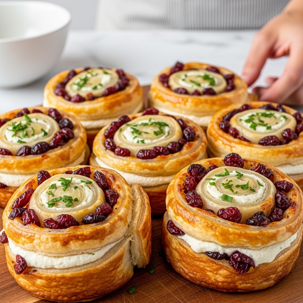 The image shows six small pastry rolls arranged closely on a wooden board, each about two layers thick with a golden-brown, flaky crust on the outside. The inner layers are filled with a white creamy cheese, bright red dried cranberries, and sprinkled with chopped green herbs. The rolls have a spiral shape, with the white cheese layer visible between the caramelized crust and the colorful filling, giving a fresh and rich look. The background features a white marbled texture with a white bowl blurred in the distance, and a woman's hand reaching slightly over the board. Photo taken with an iphone --ar 4:5 --v 7