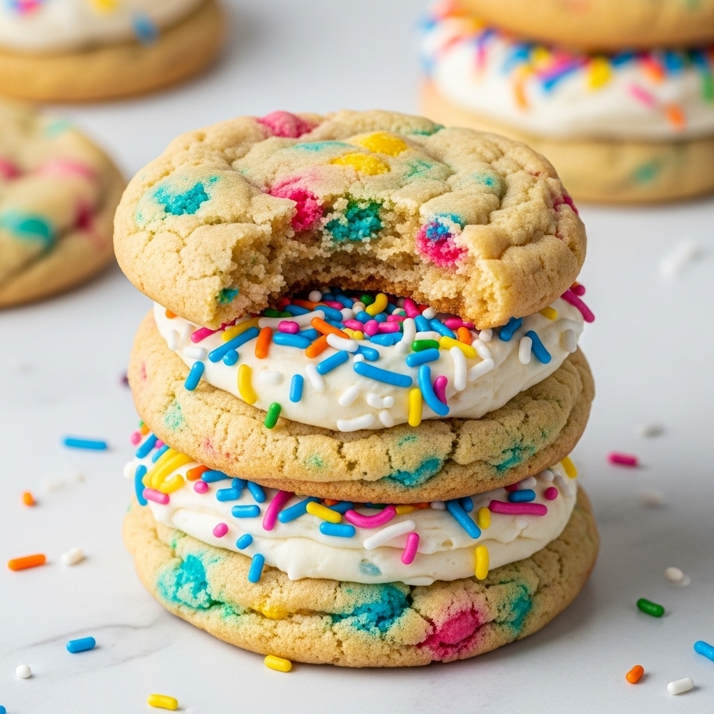 A stack of three thick cookies with colorful sprinkles mixed inside the dough, creating small pink, blue, and green spots throughout. Between the bottom and middle cookies is a layer of white creamy frosting topped with bright rainbow sprinkles scattered on it. The middle cookie holds another thick swirl of white frosting on top, covered with a dense layer of multicolored rainbow sprinkles. The top cookie has a bite taken out of it, showing a soft, crumbly beige inside with a slight sprinkle of colors embedded. More sprinkles are scattered around the cookies on a white marbled surface. Photo taken with an iphone --ar 4:5 --v 7