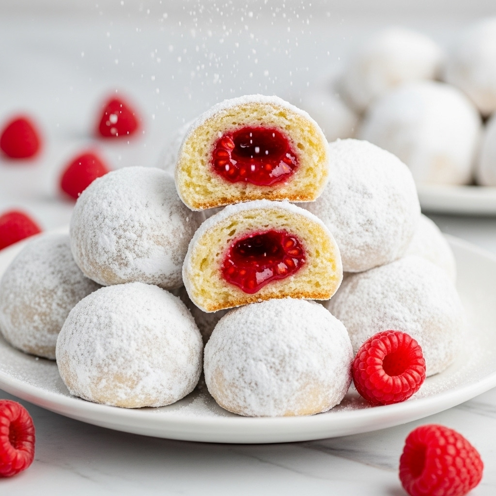 A white plate holds a pile of small round pastries, each covered with a thick layer of white powdered sugar, giving them a snowy look. One pastry is cut in half and placed on top, showing a bright red, juicy raspberry filling inside its light golden brown outer shell. Powdered sugar is gently falling from above, adding a soft dusting to the scene. Fresh red raspberries are scattered around the plate, adding pops of color against the white marbled surface. The background is softly blurred, highlighting the pastries in the center. photo taken with an iphone --ar 4:5 --v 7