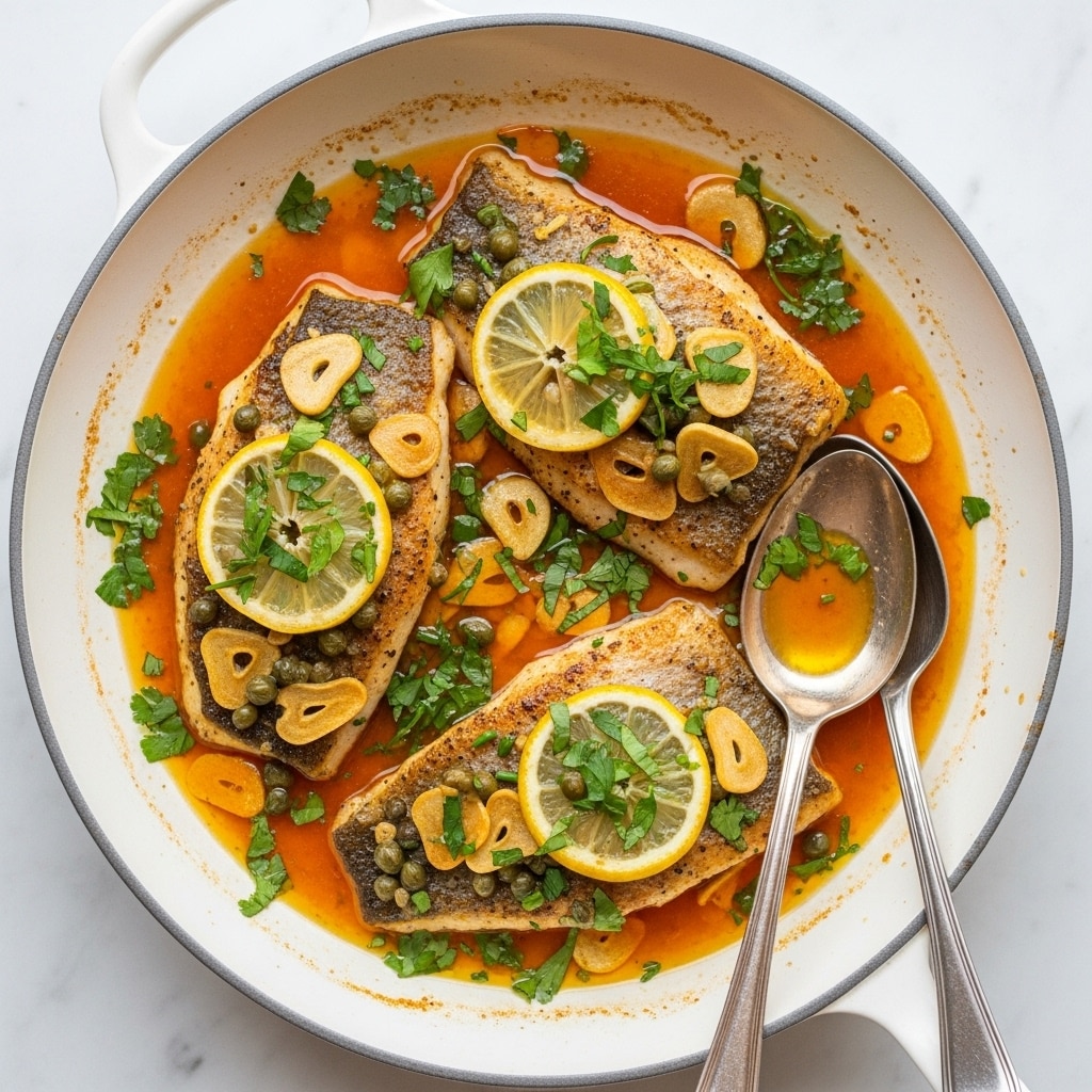The image shows a white pan filled with three pan-fried fish fillets topped with thin lemon slices, green capers, and chopped fresh herbs. The fish is cooked to a golden brown with some charred edges. The pan also contains thinly sliced garlic pieces scattered over the fish and a bright orange butter sauce surrounding the fillets. Fresh green herbs like parsley or cilantro are sprinkled on top and around the fish, adding vibrant green contrast to the warm colors. Two silver spoons rest inside the pan, one partially covered in the orange sauce, with the dish sitting on a white marbled surface. Photo taken with an iphone --ar 4:5 --v 7