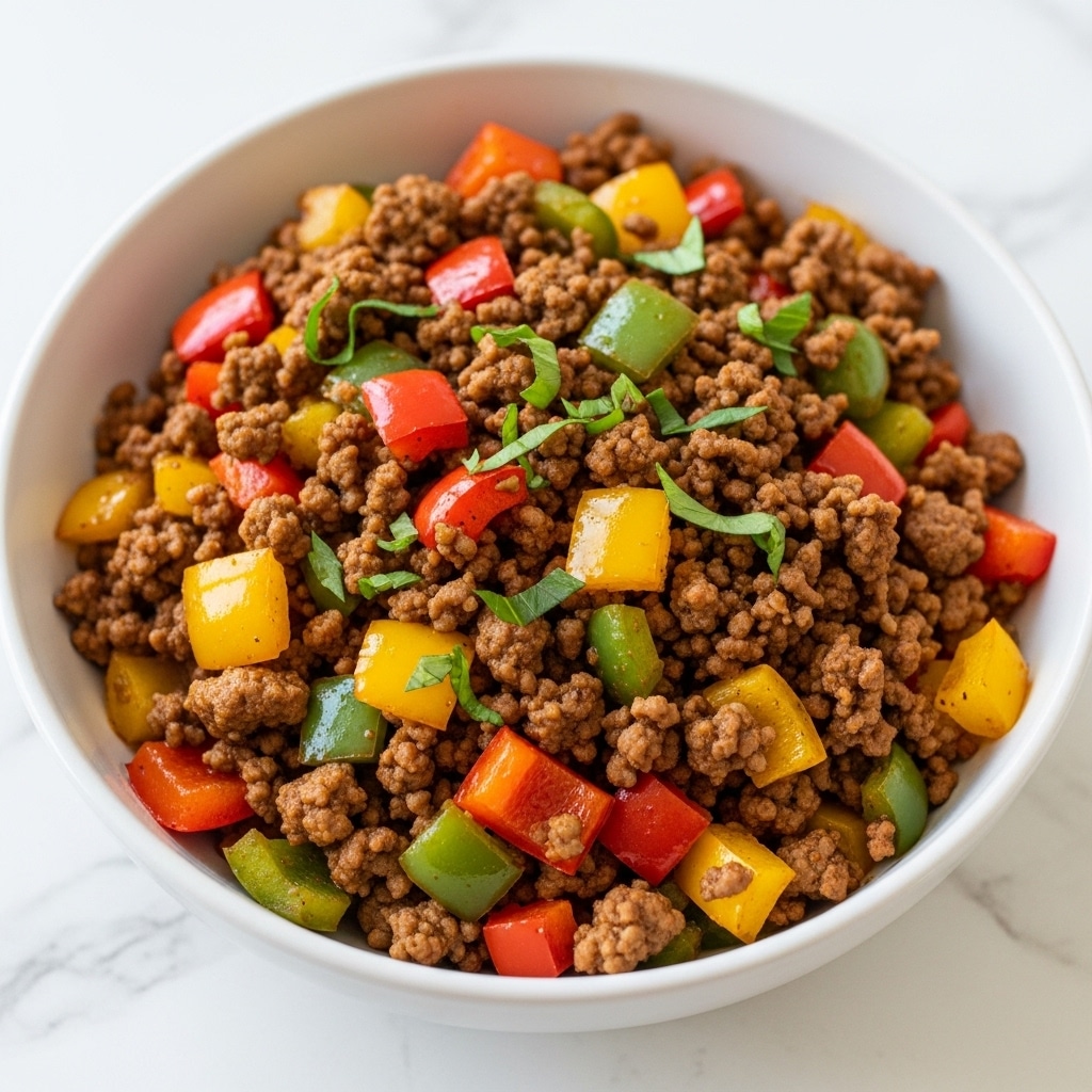 The image shows a white bowl filled with a colorful mix of cooked ground meat and diced bell peppers in red, yellow, and green colors. The ground meat is brown and crumbly, evenly mixed with bright, glossy pieces of bell pepper. Fresh green herbs are sprinkled on top for a fresh touch. The bowl is placed on a white marbled surface, and the food looks warm and inviting. photo taken with an iphone --ar 4:5 --v 7