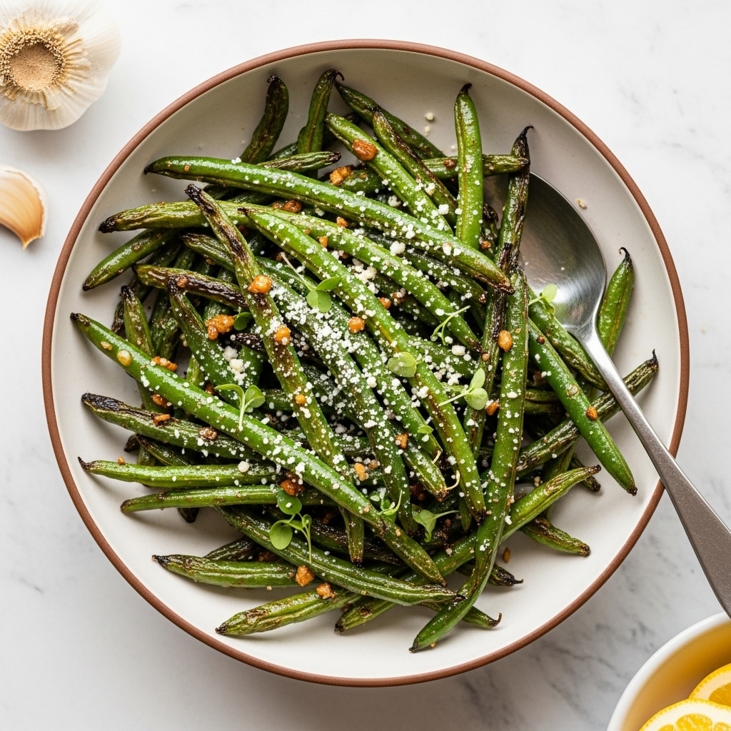 A bowl filled with roasted green beans that are slightly charred and coated with a sprinkling of shredded white cheese and small bits of garlic, garnished with tiny green herb leaves. The green beans are layered unevenly within a white bowl that has a thin brown rim, and a silver spoon rests on the right side inside the bowl. The bowl sits on a white marbled surface, with a garlic bulb in the top left corner and part of a lemon in a white dish visible at the bottom right corner. Photo taken with an iphone --ar 4:5 --v 7
