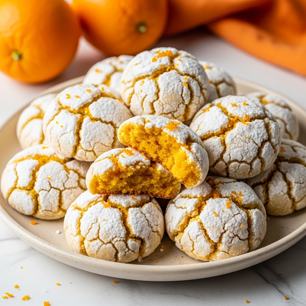 A beige plate filled with a pile of round cookies, each covered with a cracked layer of white powdered sugar dust. The cookies have a soft, slightly crumbly texture with orange zest sprinkled on top, adding small bright orange specks. Two of the cookies are broken in half, showing an orange-yellow moist interior that looks soft and dense. The plate sits on a white marbled surface, and in the background, there are whole oranges and an orange cloth slightly blurred. photo taken with an iphone --ar 4:5 --v 7