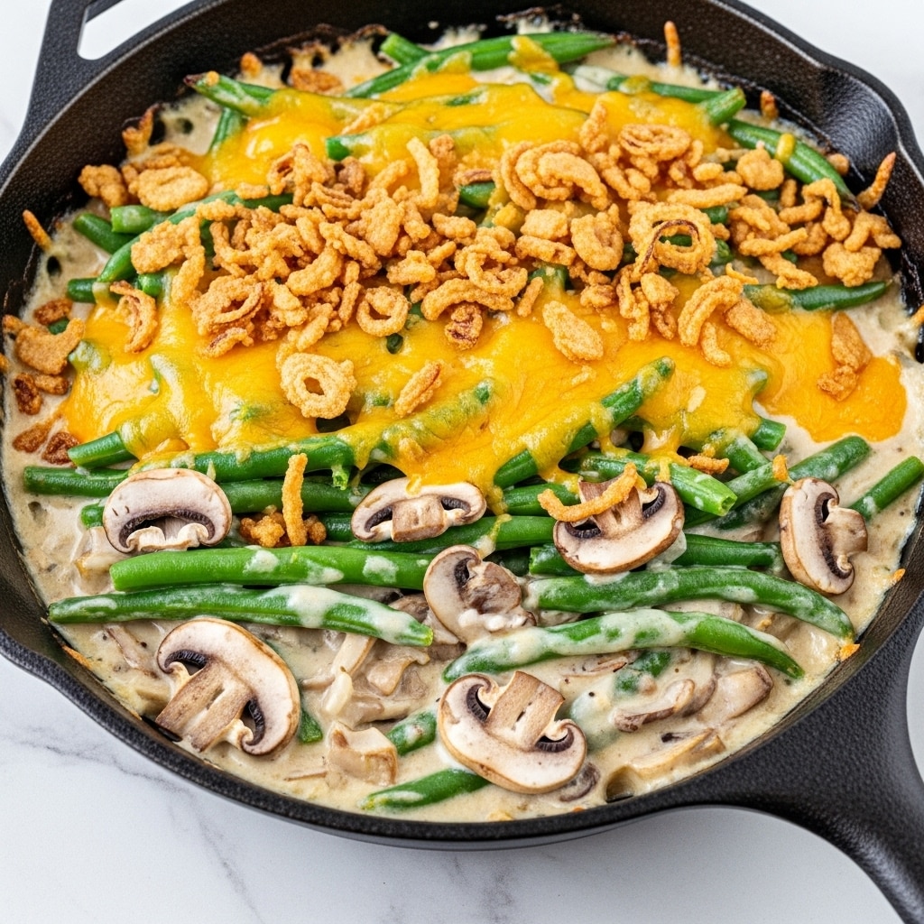 The dish is a creamy green bean casserole served in a black cast iron skillet, showing three visible layers. The bottom layer consists of green beans and slices of mushrooms in a rich, creamy white sauce with visible texture from the mushrooms. The middle layer is melted golden-yellow cheese that stretches over the green beans and sauce unevenly. The top layer is a generous amount of crispy, golden-brown fried onions scattered over the cheese, adding a crunchy texture. Some green beans peek out from underneath, showing their bright green color contrasting with the creamy sauce and golden toppings. The skillet is placed on a white marbled surface. Photo taken with an iphone --ar 4:5 --v 7