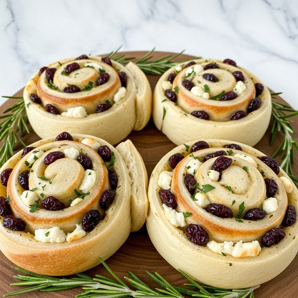 The image shows four golden-brown pinwheel rolls arranged on a wooden board with sprigs of fresh green rosemary around them. Each roll has three to four visible layers of soft, light-colored dough, filled with white creamy cheese, dark red dried cranberries, and small chopped green herbs evenly spread inside the spirals. The rolls have a slightly crispy, toasted outer edge that contrasts with the smooth filling. The background features a white marbled texture, softly blurred. Photo taken with an iphone --ar 4:5 --v 7
