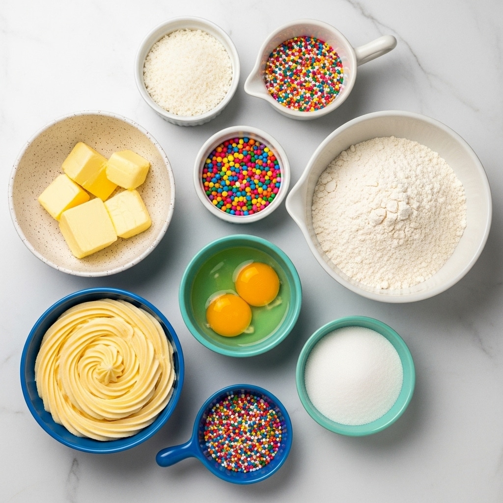 The image shows several white bowls with different baking ingredients arranged on a white marbled surface. There is a large bowl filled with white flour on the right side. Above it, a small white bowl is filled with shredded coconut, and next to it, a white bowl with a handle contains colorful rainbow sprinkles. On the left side, there is a speckled white bowl with blocks of yellow butter. Below it, a blue bowl holds smooth, swirled buttercream frosting in a soft yellow color. Three smaller bowls are placed between these: one with bright multicolored round sprinkles, one with two raw egg yolks in clear egg white, and another with white granulated sugar in a turquoise bowl. There is also a tiny blue dish with mixed sprinkles at the bottom center. The entire setup is neat and well-lit. Photo taken with an iphone --ar 4:5 --v 7