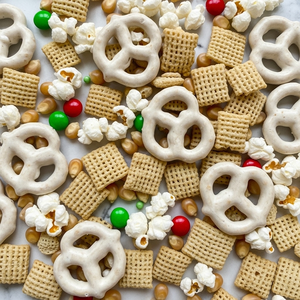 A close-up view of a snack mix spread out on a white marbled surface shows multiple layers and textures: the first layer consists of white-cheese-coated pretzels with a glossy finish, scattered throughout the image. Mixed in are square-shaped cereal pieces that have a matte beige color with textured patterns. Fluffy white popcorn kernels add a light, airy feel among the denser pieces. Small round candy sprinkles in red, green, and white are dotted randomly, providing spots of bright color against the mostly neutral and white tones. The overall look is a mix of crunchy and soft, with the shiny coating on the pretzels standing out the most. photo taken with an iphone --ar 4:5 --v 7