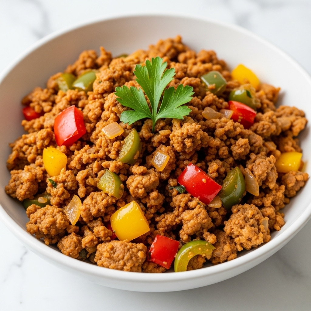 A close-up of a white bowl filled with a colorful mixture of minced cooked meat and chopped bell peppers in red, yellow, and green. The mixture is cooked with small bits of translucent onion, and the dish is garnished with a few fresh green parsley leaves on top. The textures show the meat as crumbly and slightly browned, while the bell peppers appear tender and juicy. The bowl is placed on a white marbled surface, making the colors of the food stand out clearly. photo taken with an iphone --ar 4:5 --v 7