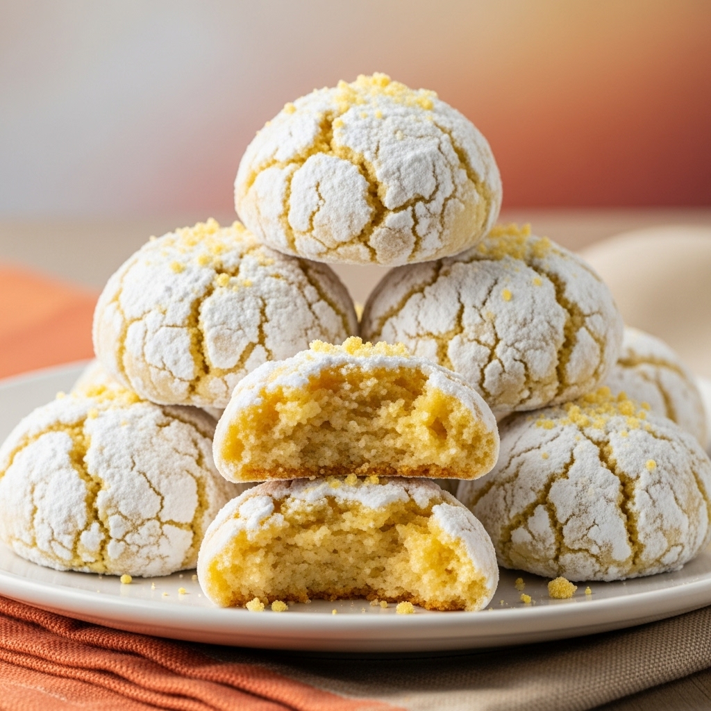 The image shows a white plate stacked with seven round cookies, each covered in a thick layer of white powdered sugar with small yellow crumbs sprinkled on top. The cookies have a cracked surface showing a soft, yellowish inside, with one cookie broken in half and placed in front to reveal its moist, crumbly texture. The plate rests on a cloth with warm orange and beige tones, and the background is a soft, blurred gradient of warm colors. Photo taken with an iphone --ar 4:5 --v 7