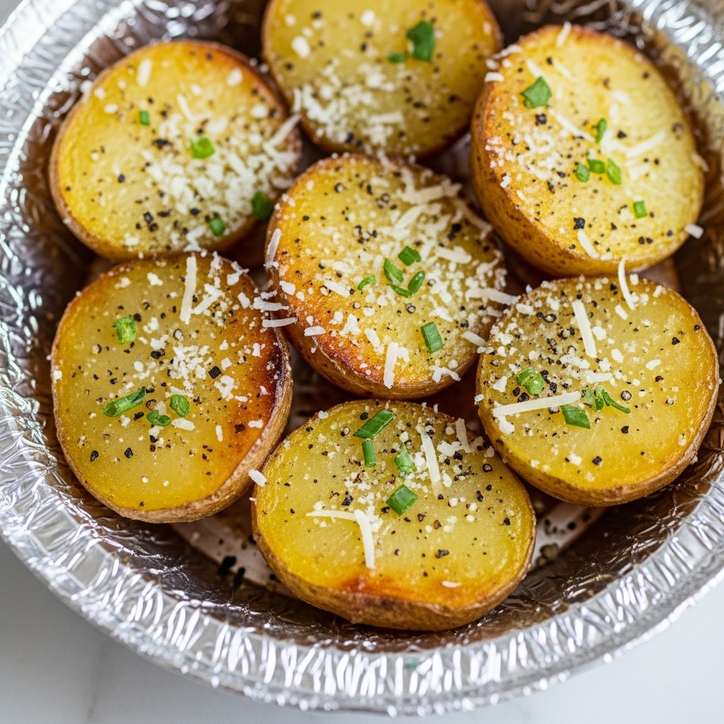 The image shows several golden-brown roasted potato halves placed in a shiny foil bowl, each potato piece coated with black pepper, small green herb bits, and sprinkled with fine white cheese. The potatoes have a slightly crispy texture on the outer skin and soft, pale yellow flesh inside. The photo is close-up, emphasizing the texture and colors of the potatoes, herbs, and cheese. The foil bowl has crinkled edges and rests on a white marbled surface. photo taken with an iphone --ar 4:5 --v 7