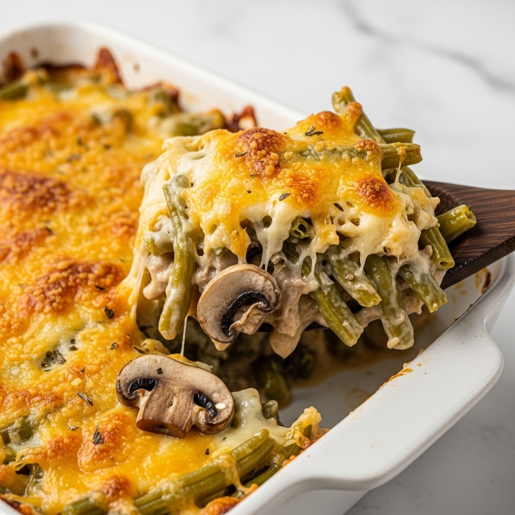 A close-up of a white baking dish filled with a green bean casserole, showing a thick layer of melted and golden-brown cheese on top with crispy browned bits. Underneath the cheese, visible layers include green beans mixed with sliced mushrooms coated in a creamy sauce. The casserole is being scooped up with a dark wooden spoon, lifting a portion that highlights the soft texture and mix of green, brown, and golden colors of the ingredients. The background shows a white marbled texture surface. photo taken with an iphone --ar 4:5 --v 7