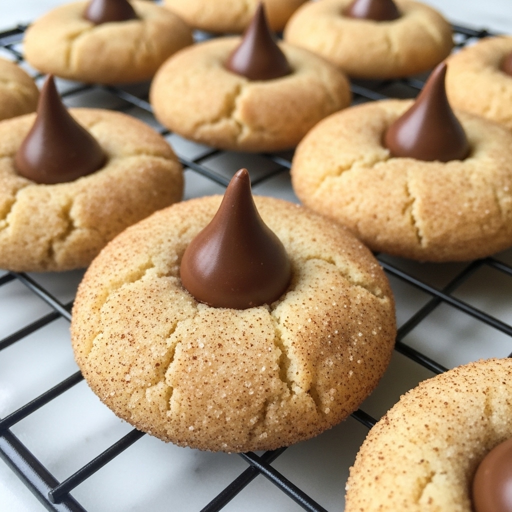 The image shows soft, round cookies with a light golden-brown color and a slightly rough texture on the surface, speckled with cinnamon sugar. Each cookie has a single, thick, smooth, dark brown chocolate kiss pressed into the center, standing tall and pointed. The cookies are placed closely together on a black cooling rack, with the focus on the front cookie and others fading softly into the background. The background surface is changed to a white marbled texture. photo taken with an iphone --ar 4:5 --v 7