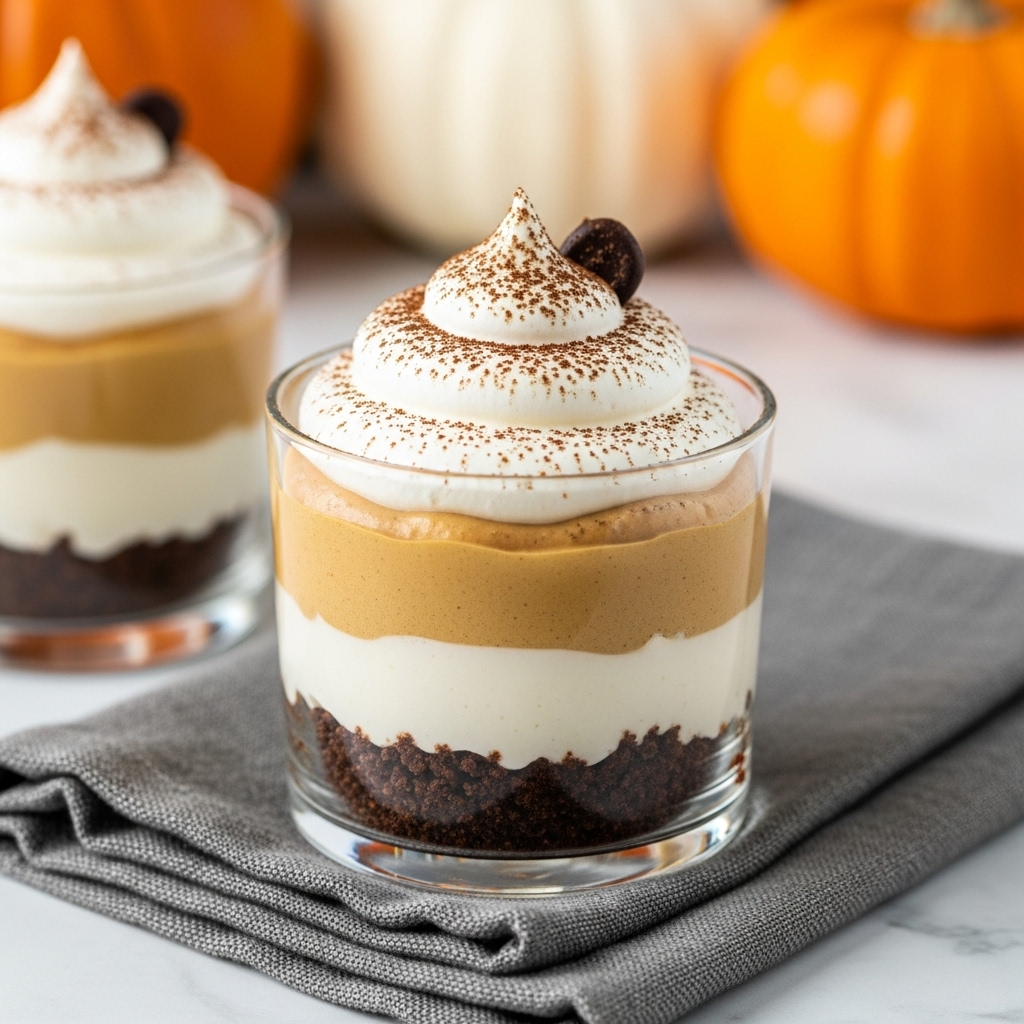 A clear glass cup holds a layered dessert with three distinct layers: the bottom layer is a dark brown crumbly base, followed by a thin creamy white layer, and topped with a thick, smooth light brown layer. Above this, there is a large swirl of white whipped cream with a soft, fluffy texture, sprinkled with fine brown powder. On top of the whipped cream, there are a few small dark brown chocolate pieces for extra decoration. The dessert sits on a folded gray cloth on a white marbled surface, with blurred pumpkins in the warm background. photo taken with an iphone --ar 4:5 --v 7